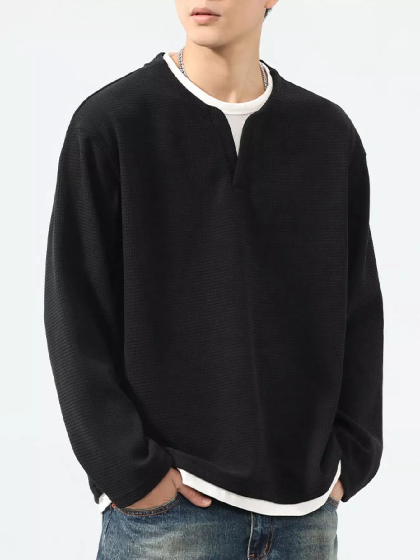 Men's Cotton Waffle Knit Top Black Long Sleeve Basic Style Plus Sizes M-4XL