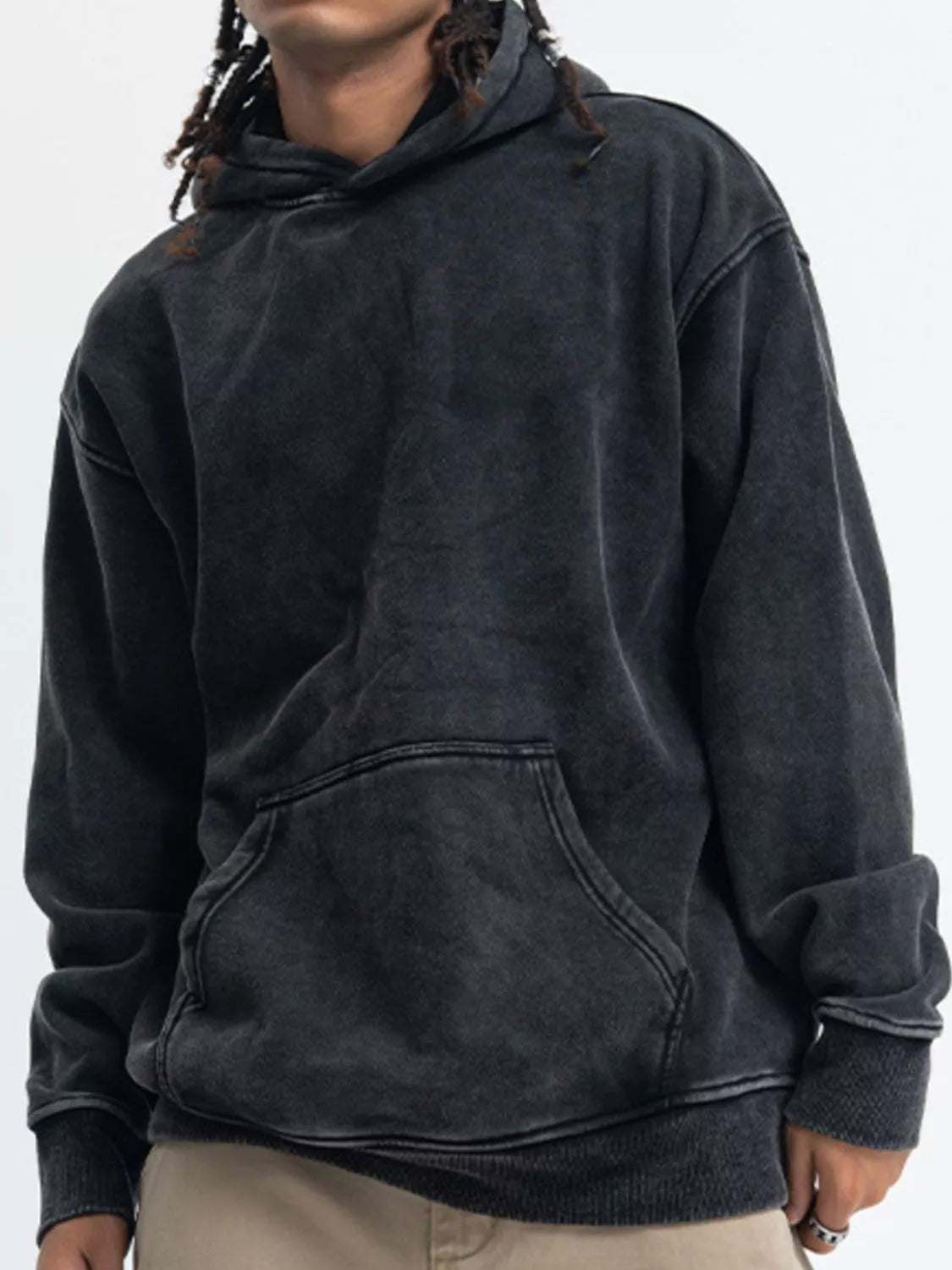 Men's Hoodie Denim Vintage Wash Long Sleeve Pullover Pocketed Wash Black Men_s_Hoodie_Denim_Vintage_Wash_Long_Sleeve_Pullover_Pocketed Trendsi