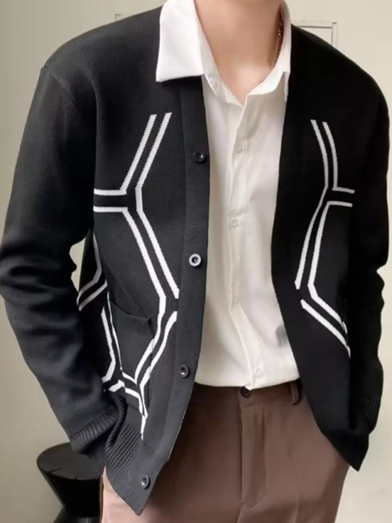 Men's Knit Cardigan Black Geometric Pattern Plus Sizes Classic Style Black