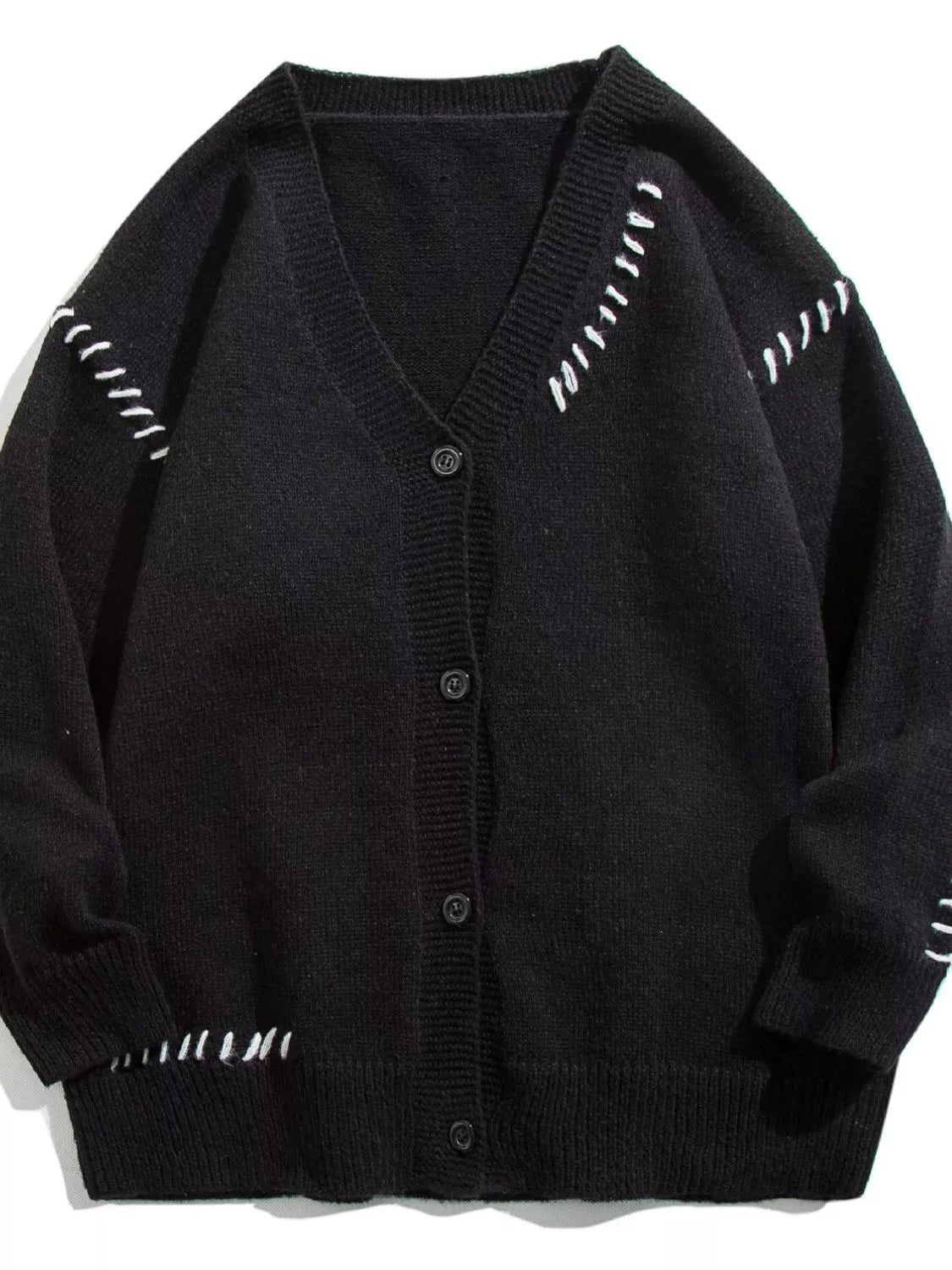 Men's Knit Cardigan V-Neck Ribbed Trim Bttoned Basic Style Plus Sizes Black
