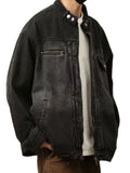Men's Oversized Washed Denim Jacket | Plus Size Zip-Up Long Sleeve