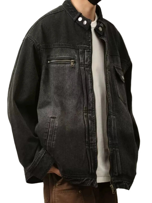 Men's Oversized Washed Denim Jacket | Plus Size Zip-Up Long Sleeve