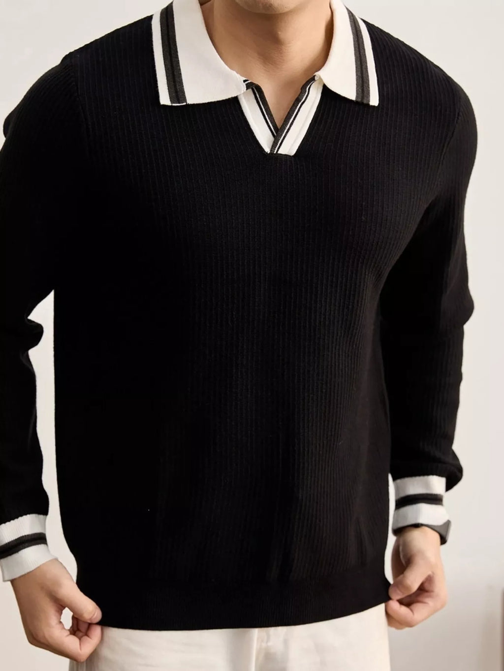 Men's Plus Size Ribbed Knit Polo Sweater | Contrast Trim Long Sleeve