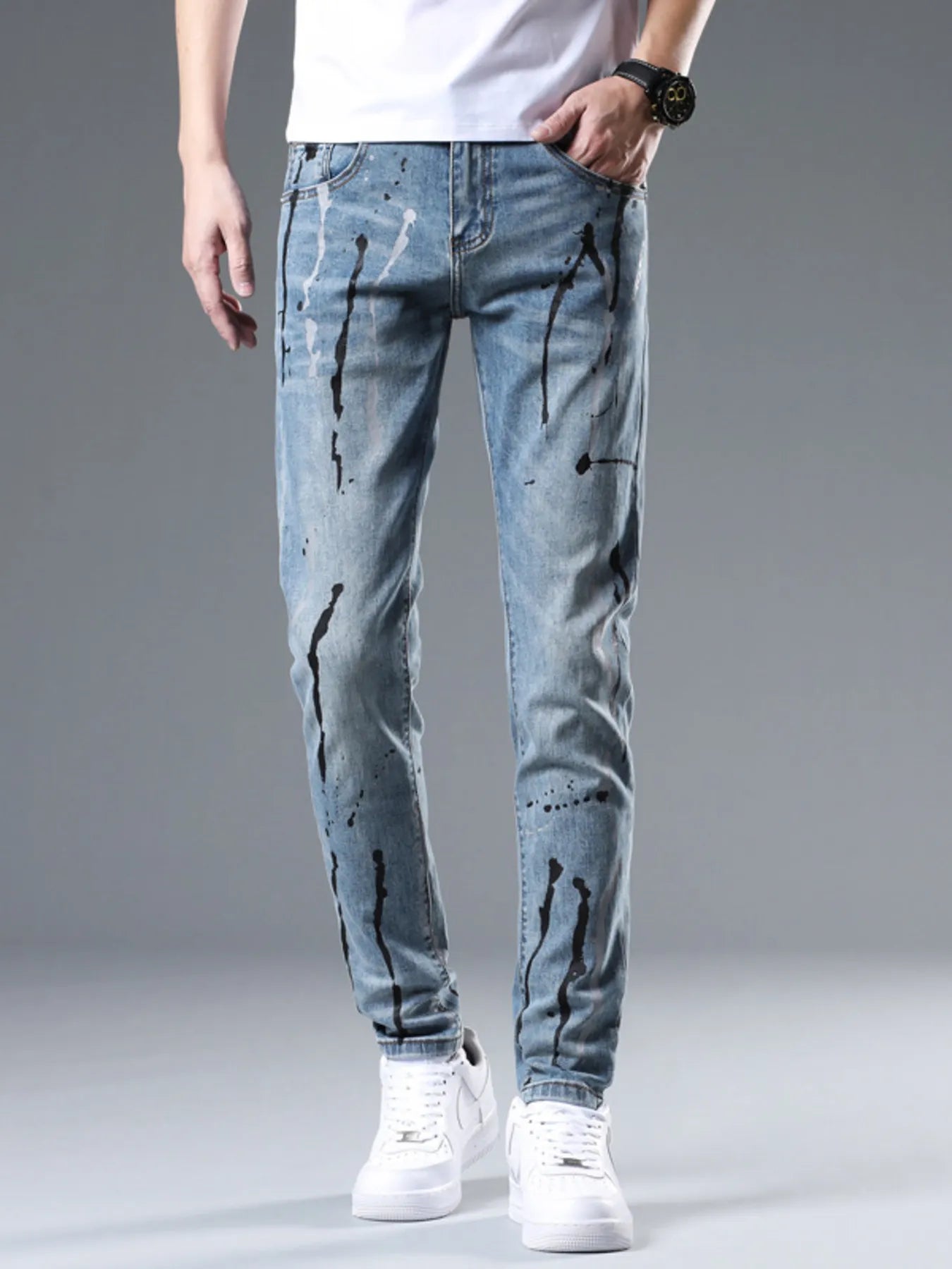 Men's Slim Fit Jeans Splatter-Paint Style Distressed Ligh Blue Denim Pants Light Blue Men_s_Slim_Fit_Jeans_Splatter-Paint_Style_Distressed_Ligh_Blue_Denim_Pants Trendsi