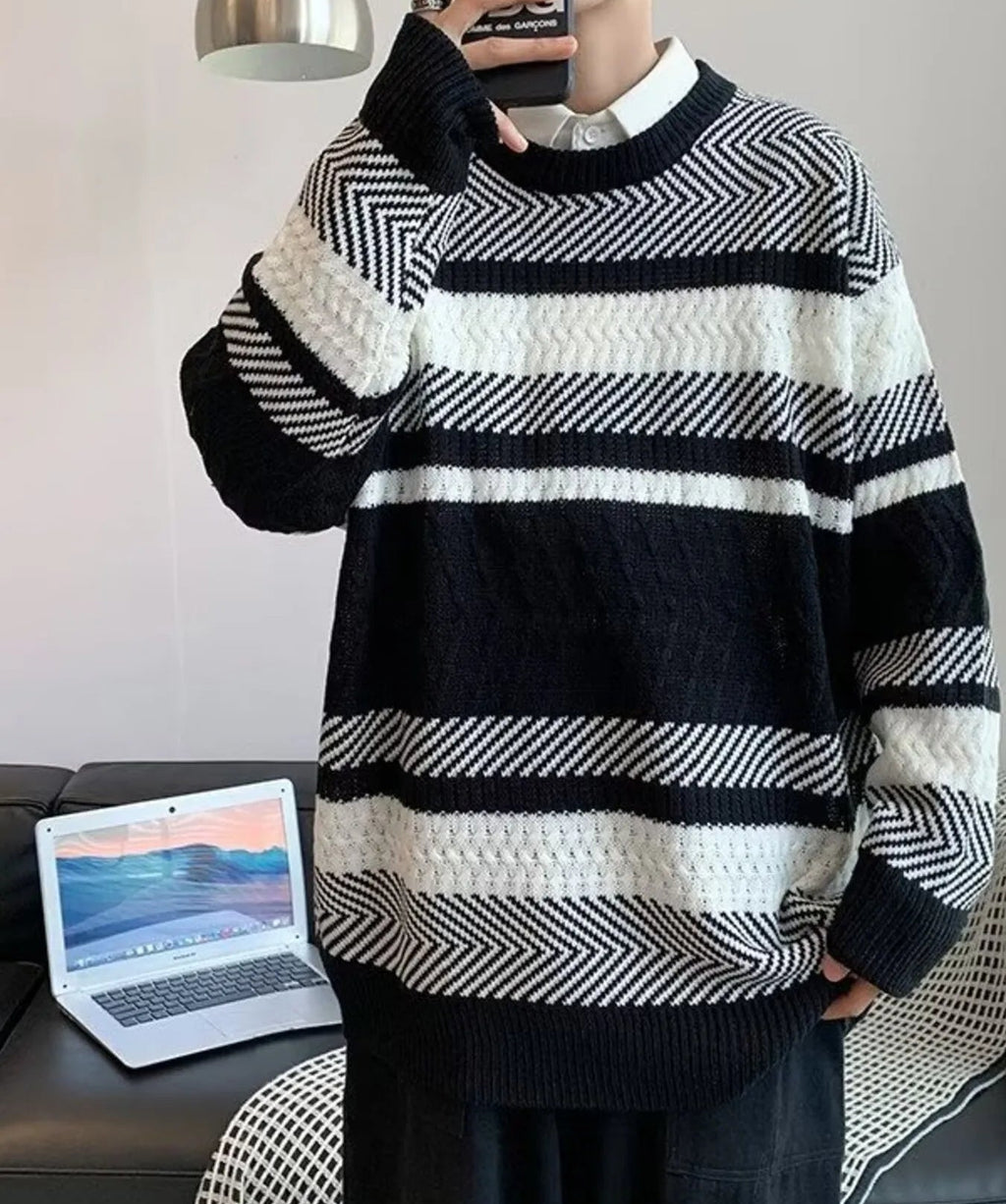 Men's Striped Sweater Black White Textured Knit Oversized Pullover Black Men_s_Striped_Sweater_Black_White_Textured_Knit_Oversized_Pullover Trendsi