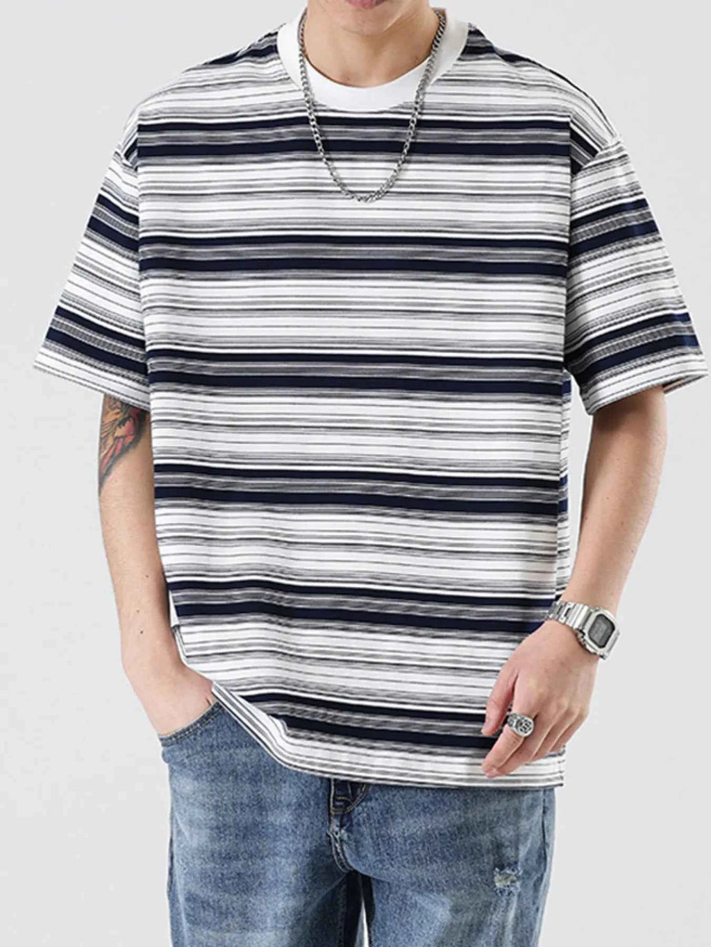 Men's Striped T-Shirt Relaxed Fit Striped Crew Neck Short Sleeve Top Plus Sizes