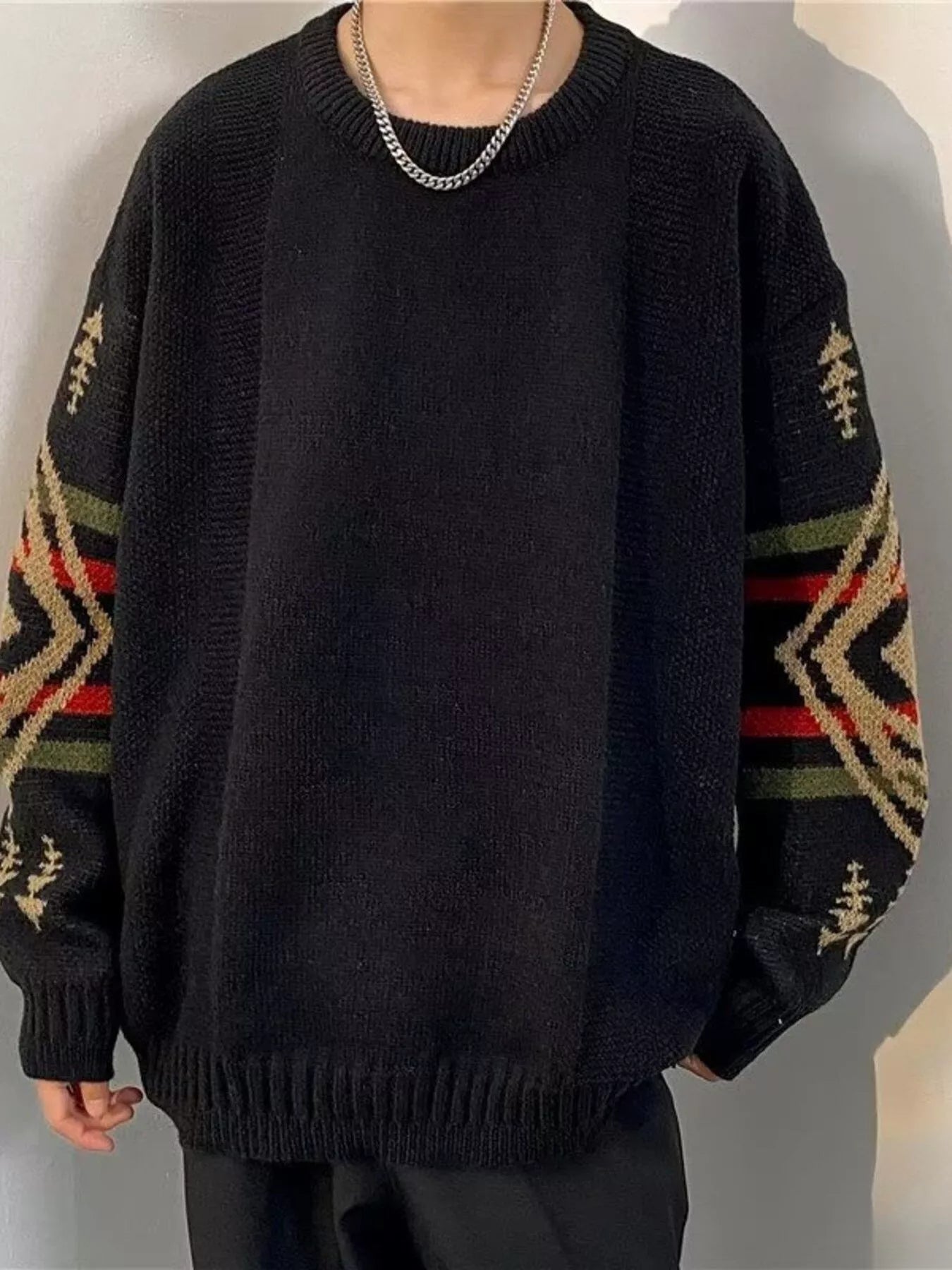 Men's Sweater Knit Ethnic Pattern Oversized Pullover Plus Sizes Black