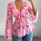 Mesh Red Rose Floral Print Chiffon Blouse V-Neck Bow Ruffle Trumpet Sleeves Top