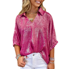 Metallic Blouse Collared V-Neck Half Sleeve Casual Deep Rose Loose Top