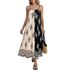 Midi Cami Dress Boho Print Color Block Paisley Black White Sleveless A-Line