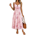 Midi Cami Dress Floral Pink V-Neck Ruffle Tied High Waisted Sleeveles Smocked