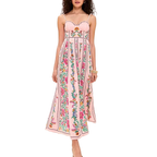 Midi Cami Dress Pink Floral Sweetheart Neck Backless Strappy Smocked Ruffled