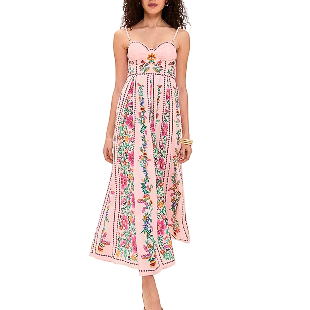 Midi Cami Dress Pink Floral Sweetheart Neck Backless Strappy Smocked Ruffled