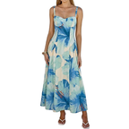 Midi Dress Blue Floral Sweetheart Neck Strappy Sleeveless Casual Ruffle Smocked