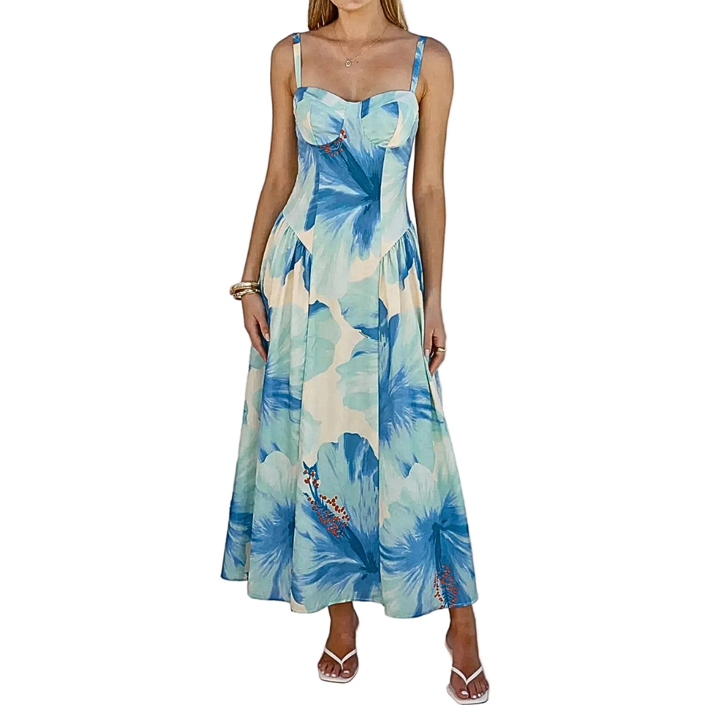 Midi Dress Blue Floral Sweetheart Neck Strappy Sleeveless Casual Ruffle Smocked