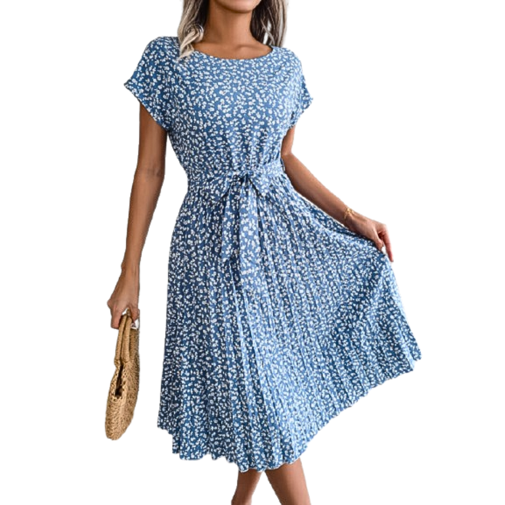 Midi Dress Floral A-Line Pleated Belted Casual Round Neck Short Dolman Sleeve