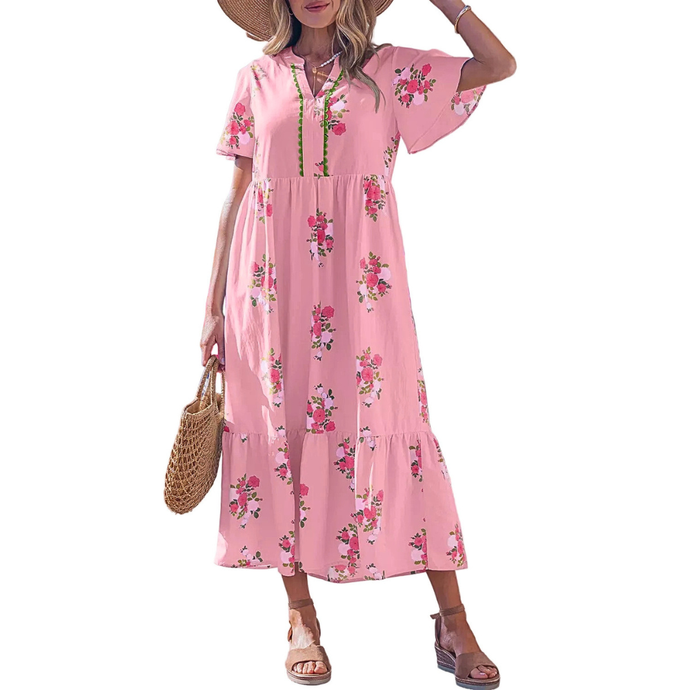 Midi Dress Floral V-Neck Notched Cotton Dusty Pink Lace Trim Ruffle Short Sleeve