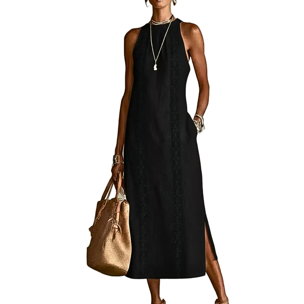 Midi Dress Halter Neck Lace Floral Stripe Sleeveless Side Slit with Pockets