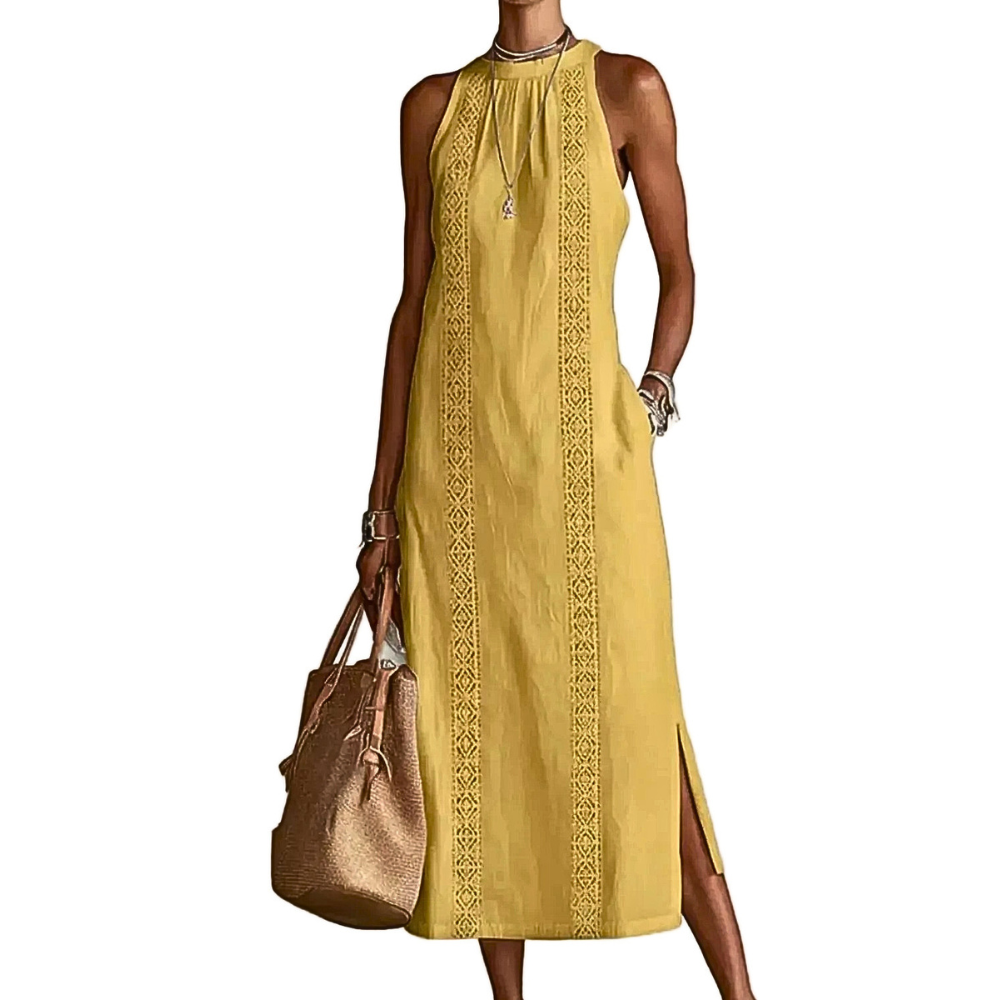 Midi Dress Halter Neck Lace Floral Stripe Sleeveless Side Slit with Pockets