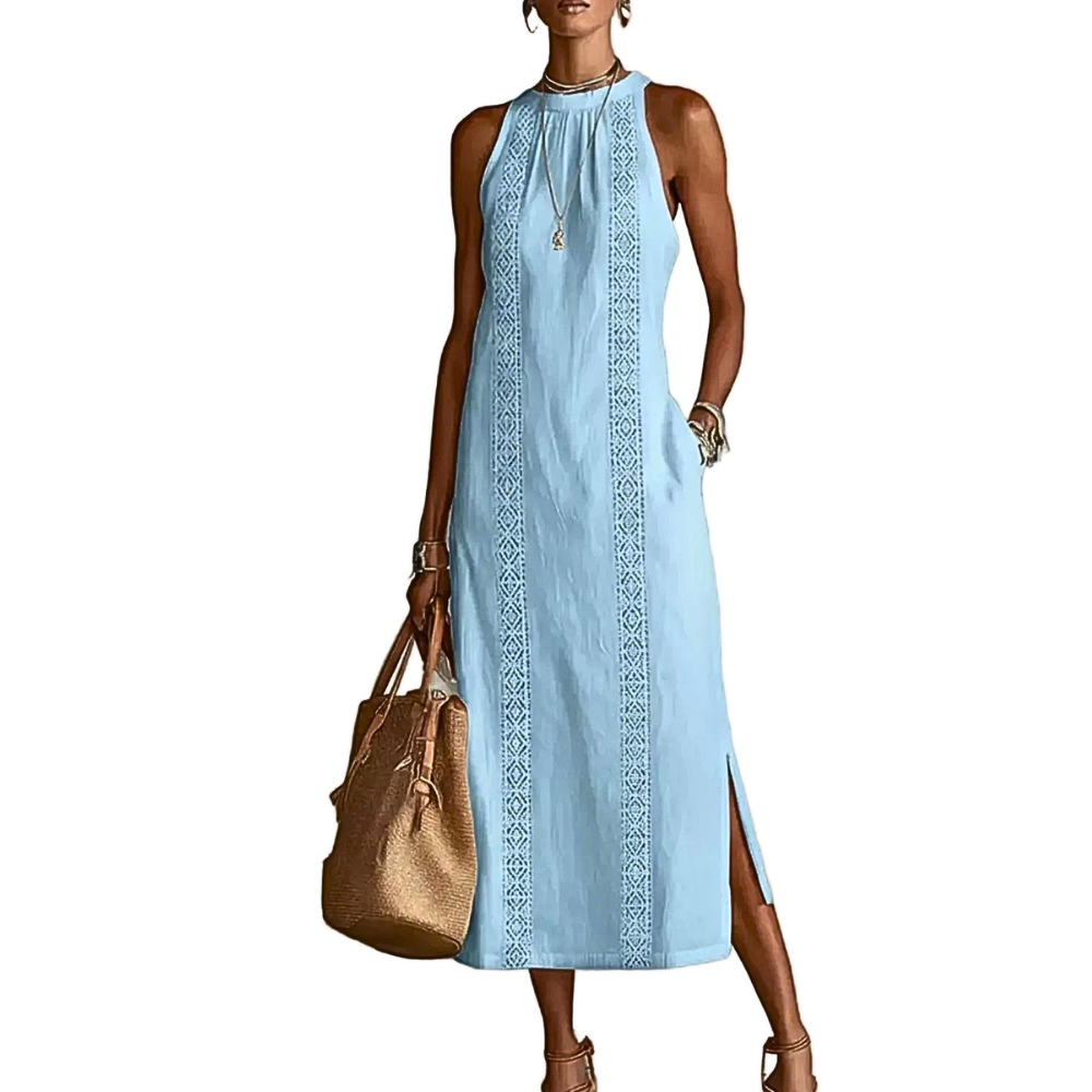 Midi Dress Halter Neck Lace Floral Stripe Sleeveless Side Slit with Pockets
