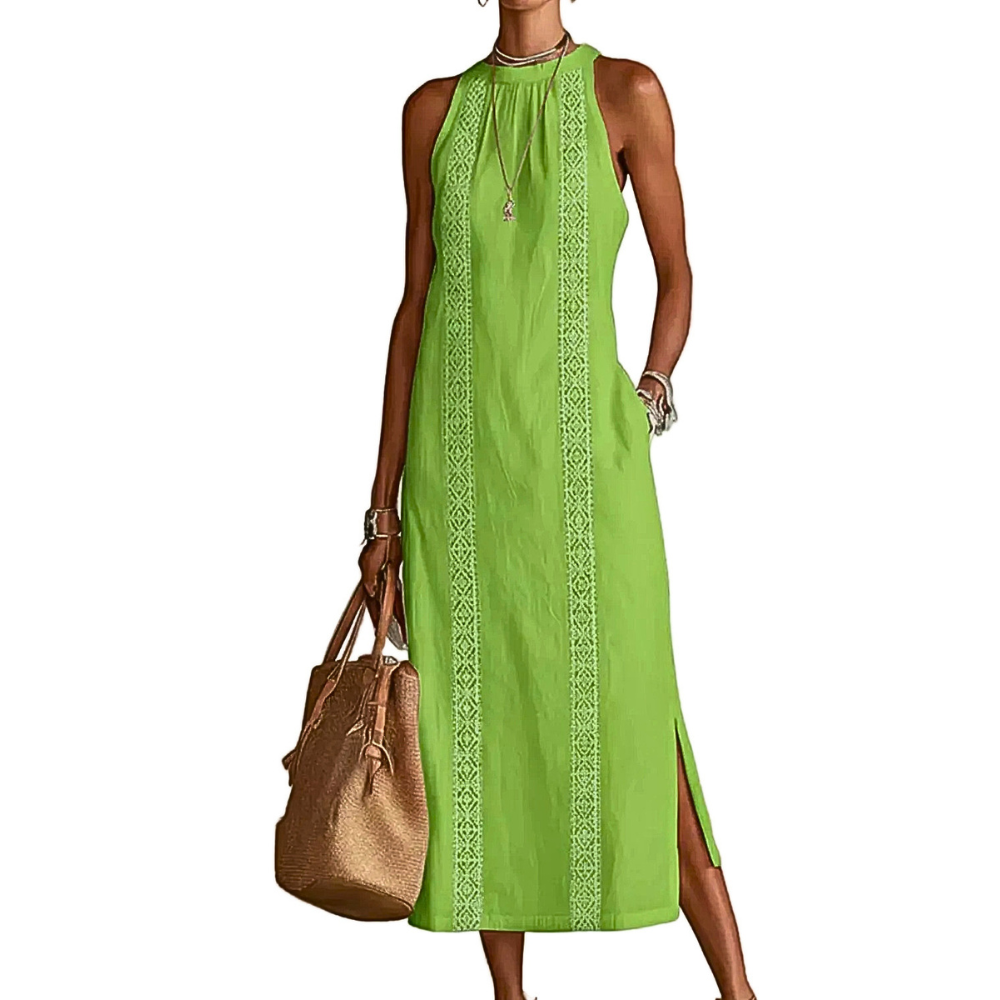 Midi Dress Halter Neck Lace Floral Stripe Sleeveless Side Slit with Pockets