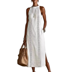 Midi Dress Halter Neck Lace Floral Stripe Sleeveless Side Slit with Pockets