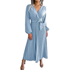 Midi Dress Pleated A-Line V-Neck Belted Long Sleeve Elegant Party Dresses