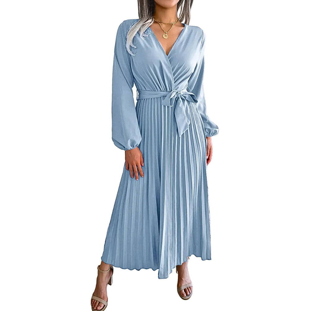 Midi Dress Pleated A-Line V-Neck Belted Long Sleeve Elegant Party Dresses
