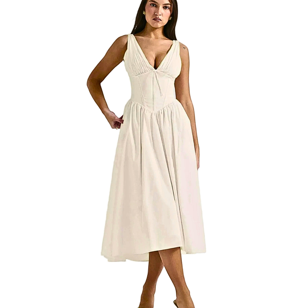 Midi Dress V-Neck Ruffle Empire Waist Sleeveless Floral with Pockets
