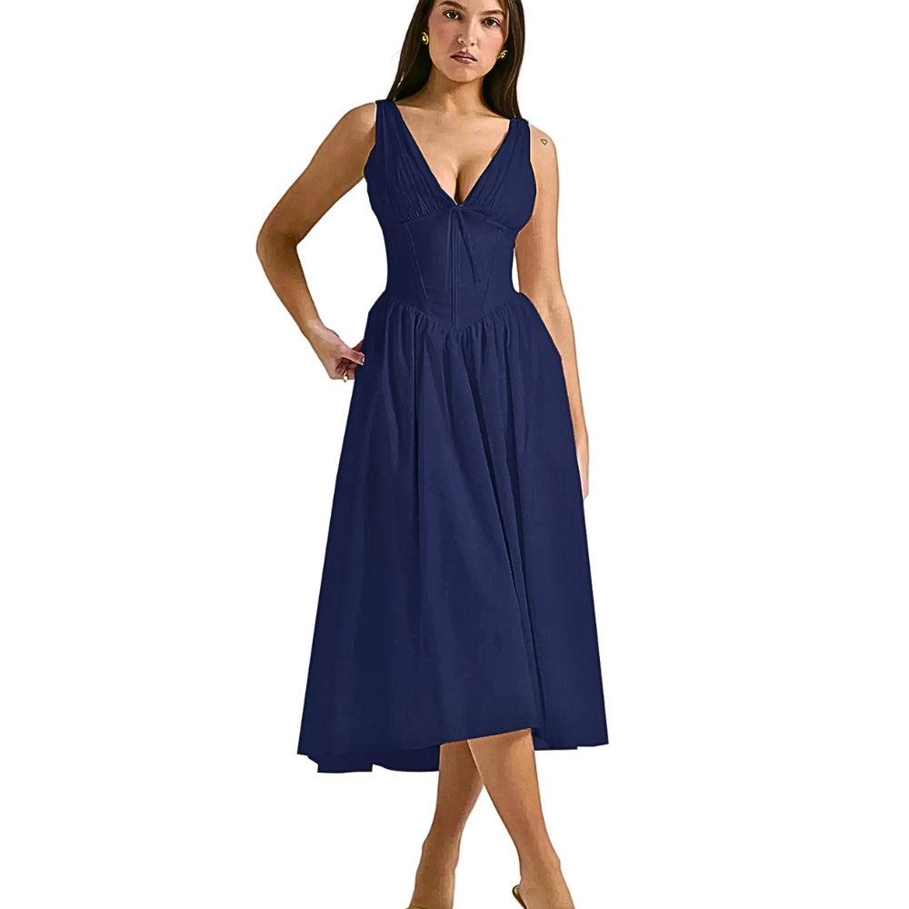 Midi Dress V-Neck Ruffle Empire Waist Sleeveless Floral with Pockets