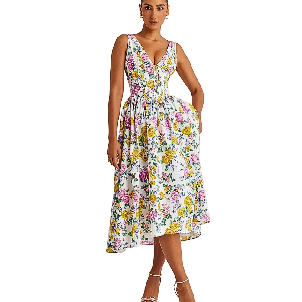 Midi Dress V-Neck Ruffle Empire Waist Sleeveless Floral with Pockets