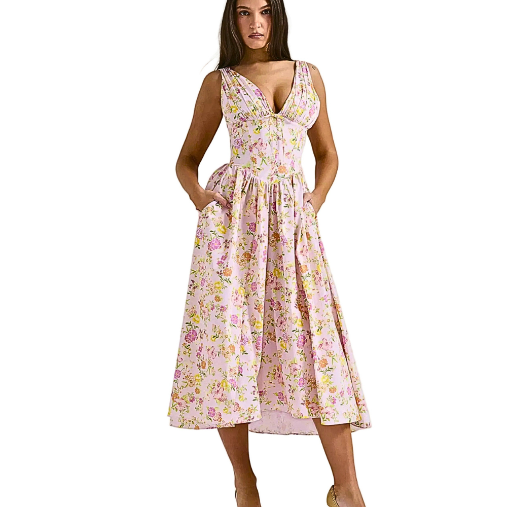 Midi Dress V-Neck Ruffle Empire Waist Sleeveless Floral with Pockets