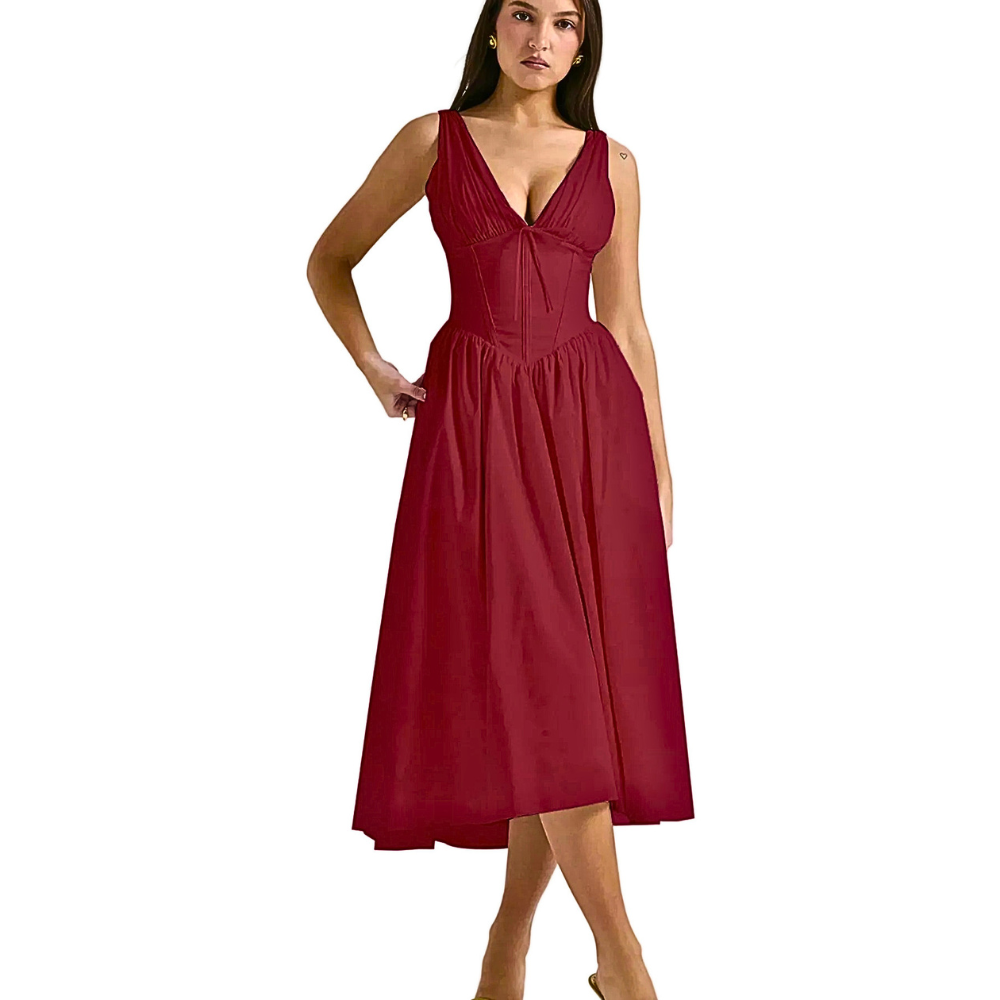 Midi Dress V-Neck Ruffle Empire Waist Sleeveless Floral with Pockets