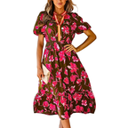 Midi Dress Floral V-Neck Stripe Contrast Trim Elastic High Waist Ruffle Short Sleeve