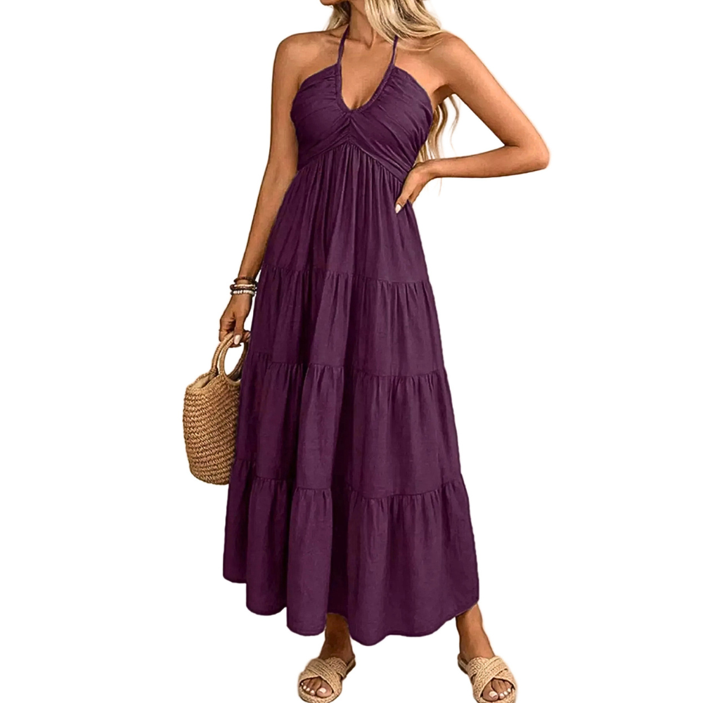 Midi Dress Halter Neck Ruffle Layered Sleeveless Casual Backless Summer Dresses