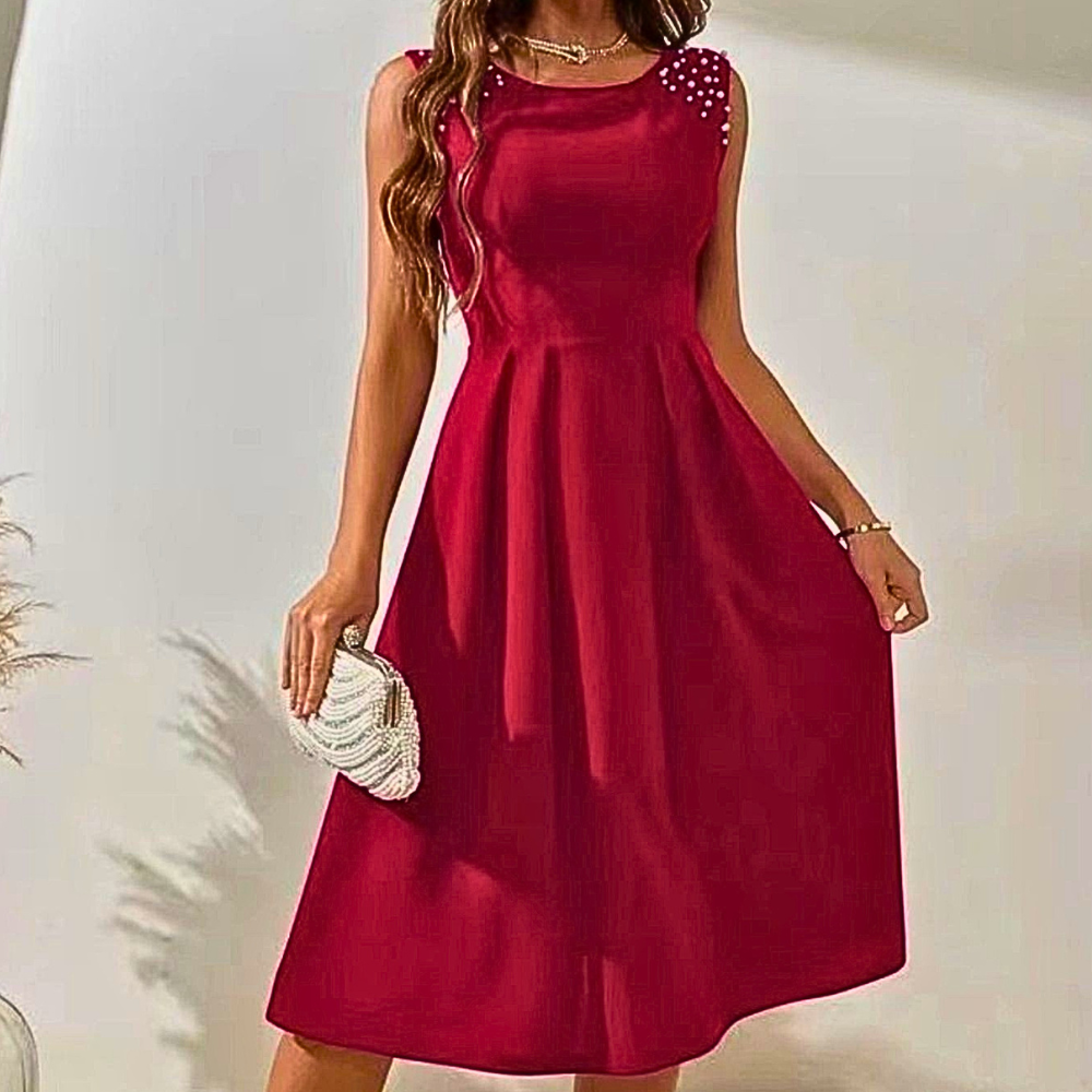 Midi Dress Pearl Beaded Shoulder Sleeveless Ruffle Women's Party Ruffle High Waist