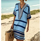 Midi Dress Striped V-Neck Loose Half Sleeves Casual Beach Summer Comfort