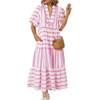 Midi Dress Striped V-Neck Trim Ruffle Layered Blush Pink Summer w Pockets