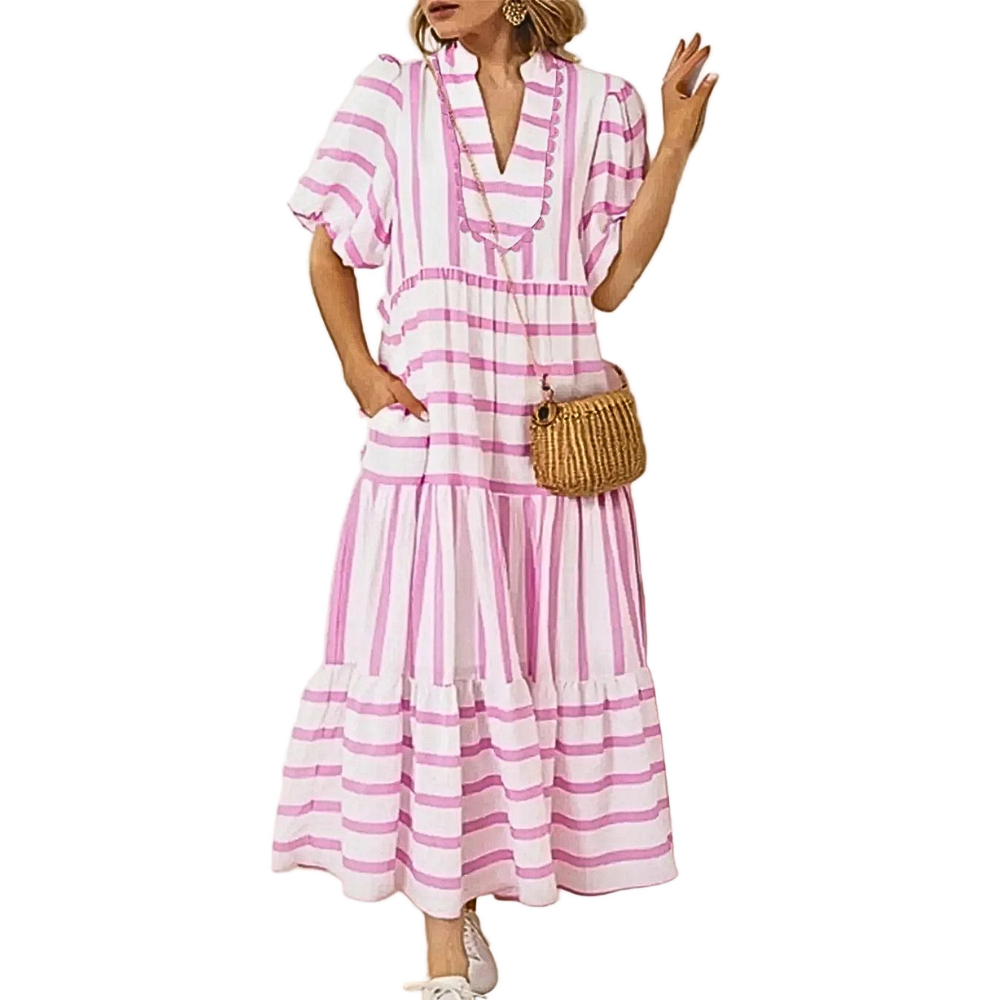 Midi Dress Striped V-Neck Trim Ruffle Layered Blush Pink Summer w Pockets