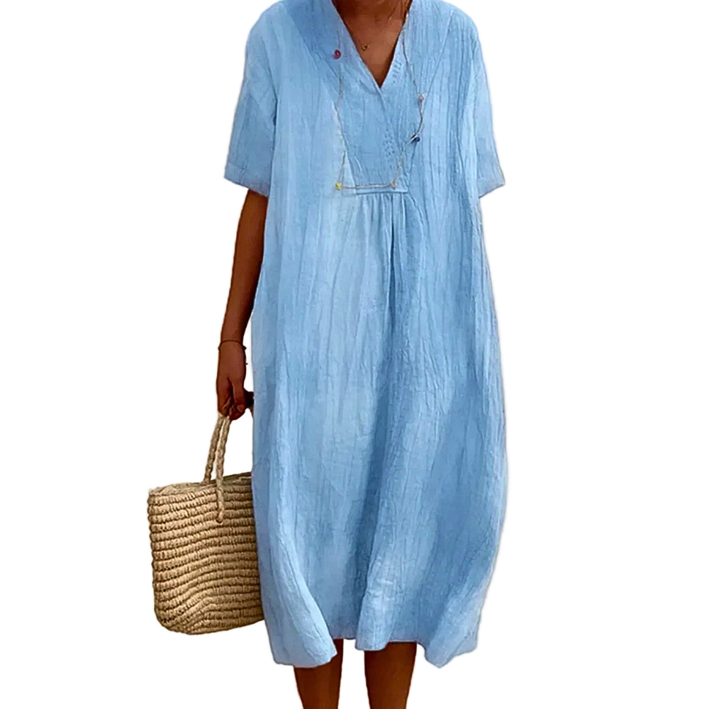 Midi Dress V-Neck Summer Beach Relaxed Fit Casual Loose Short Sleeve Kaftan