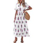 Midi Dress Cotton White Floral V-Neck Casual Smocked Waist Ruffle Short Sleeve