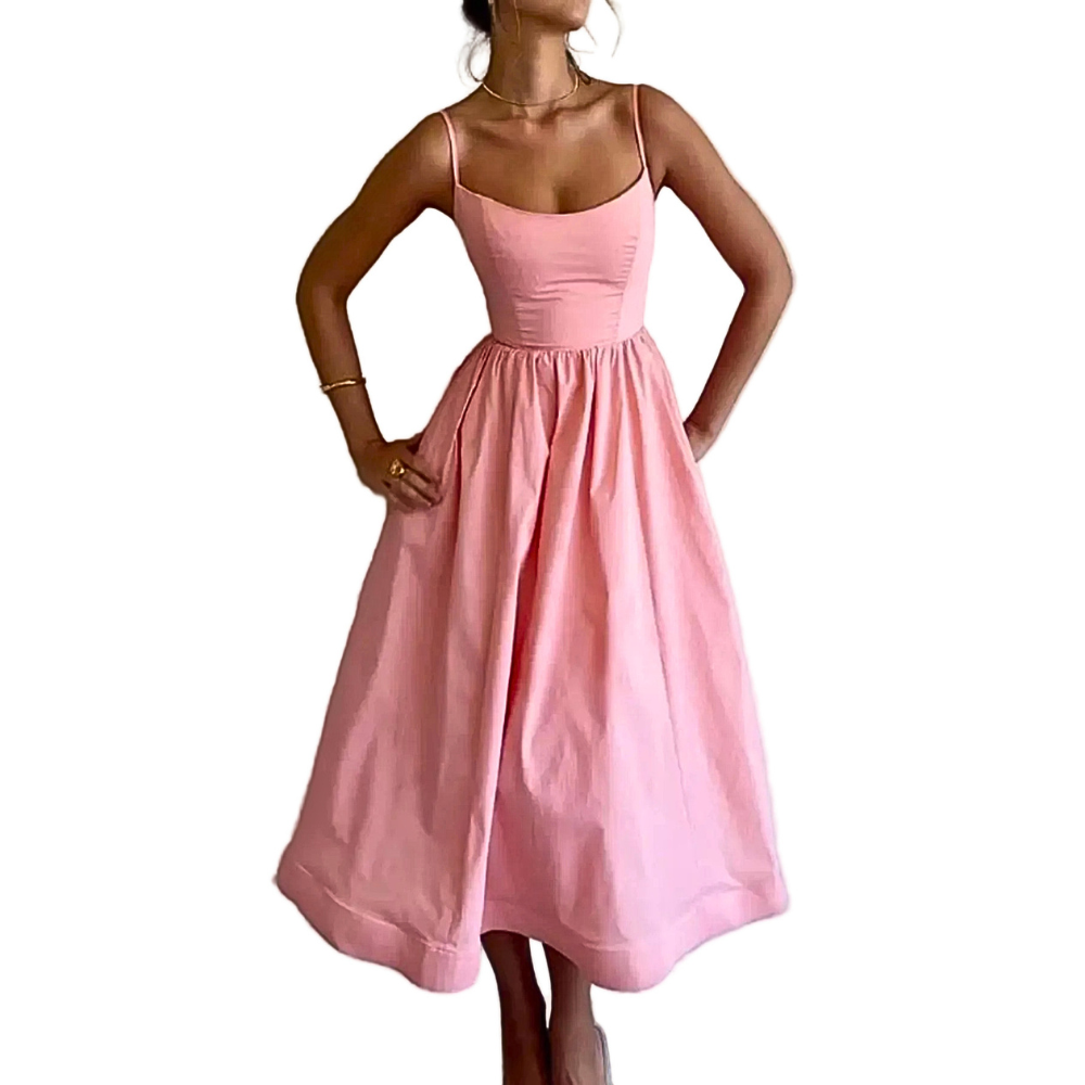 Midi Tank Dress Scoop Neck Ruffle A-Line Sleeveless Strappy High Waisted