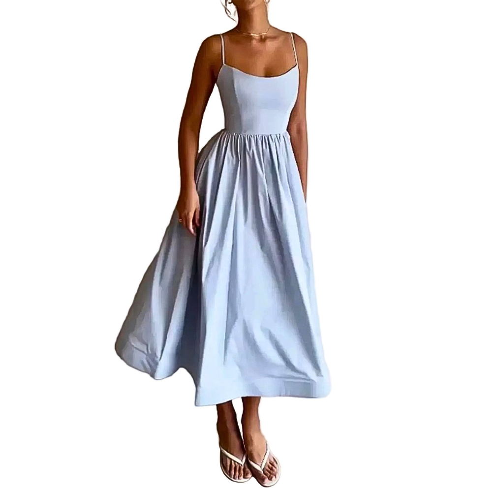 Midi Tank Dress Scoop Neck Ruffle A-Line Sleeveless Strappy High Waisted