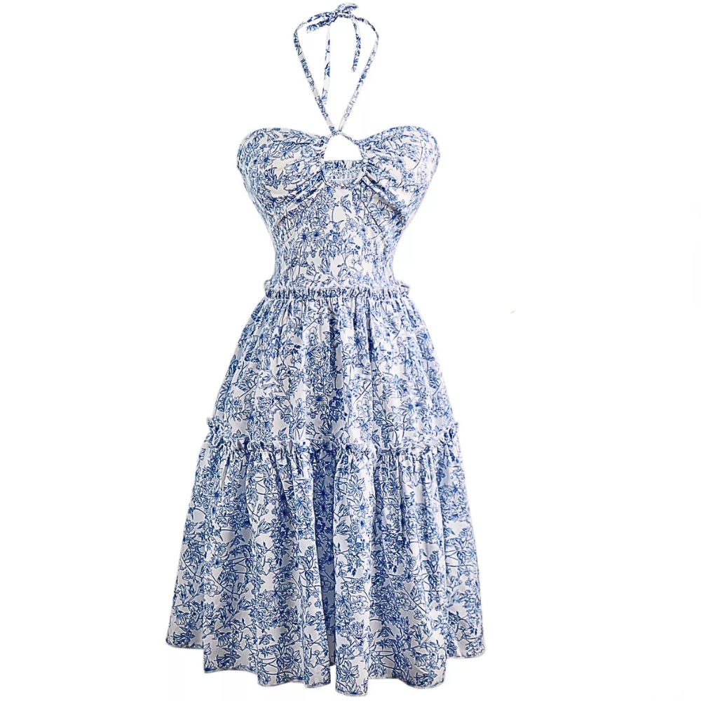 Mini Dress Blue Floral Halter Tied Neck Ruffle Hem Summer Beach Frill Dress