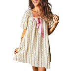 Minikleid Blumenmuster Creme Eckige Spitze Schleife Band Kurz Lässig A-Linie