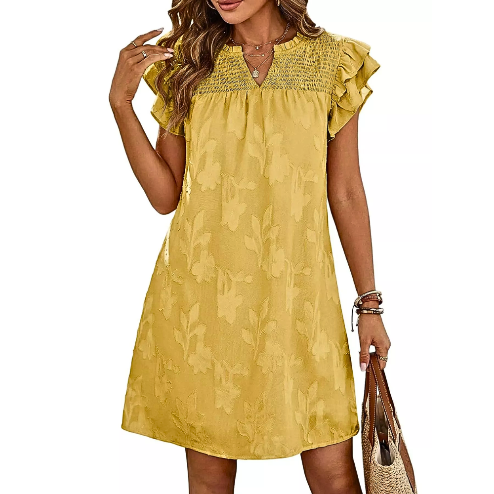 Mini Dress Floral Texture Embossed Smocked V-Neck Ruffle Short Sleeves A-Line