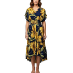Mlle Gabrielle Floral Midi Dress V-Neck Ruffle Smocked High Waist Short Sleeve