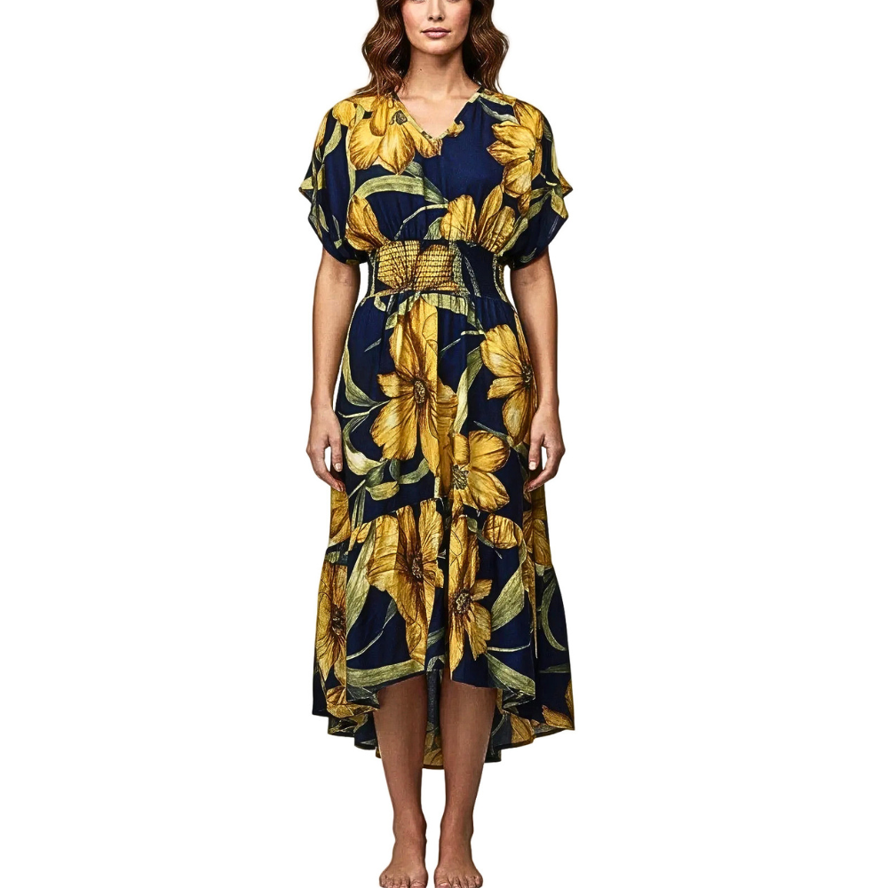 Mlle Gabrielle Floral Midi Dress V-Neck Ruffle Smocked High Waist Short Sleeve