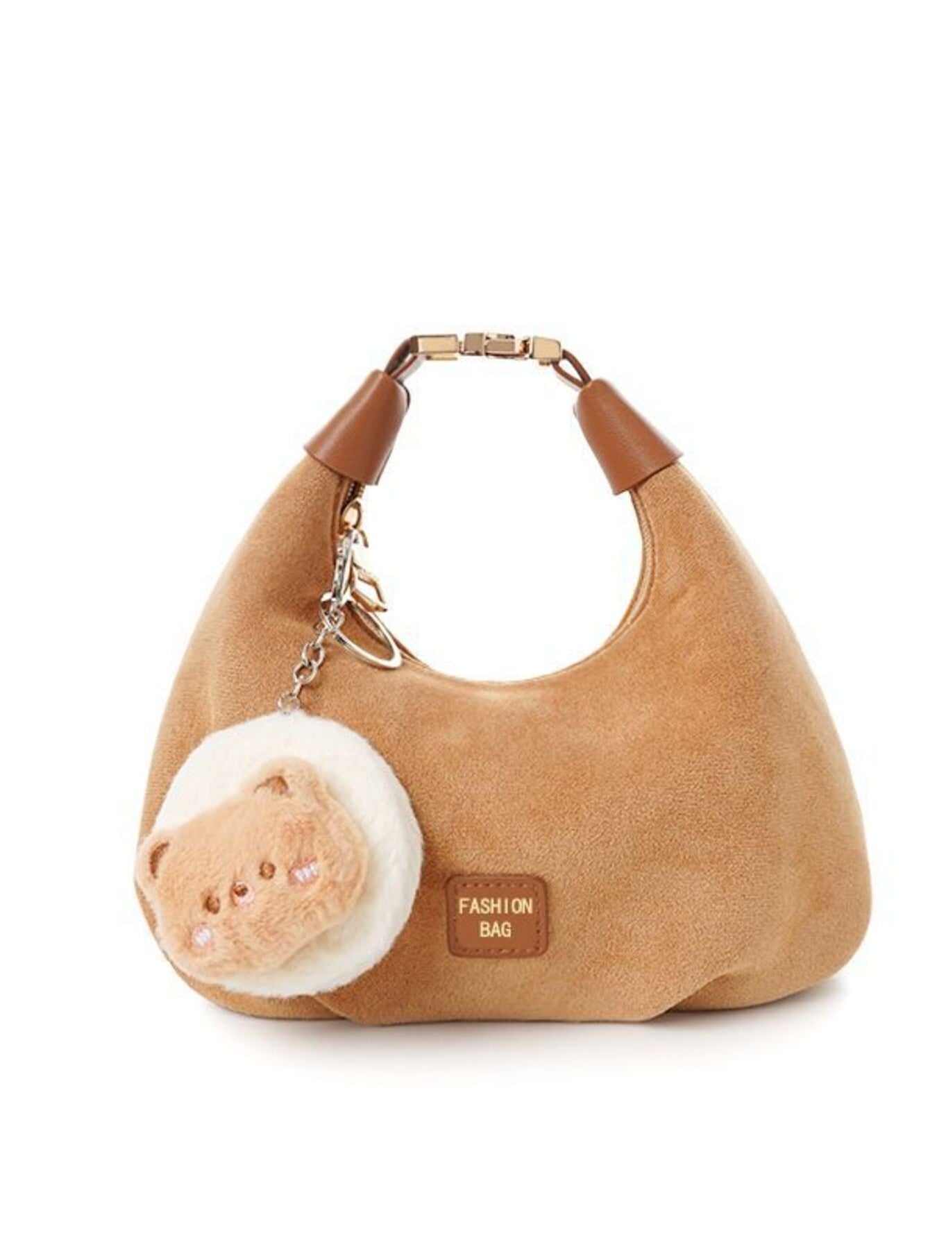Fashion Women's Suede Tote Bag Cute Bear Charm Lock Strap Small Zipper Purse