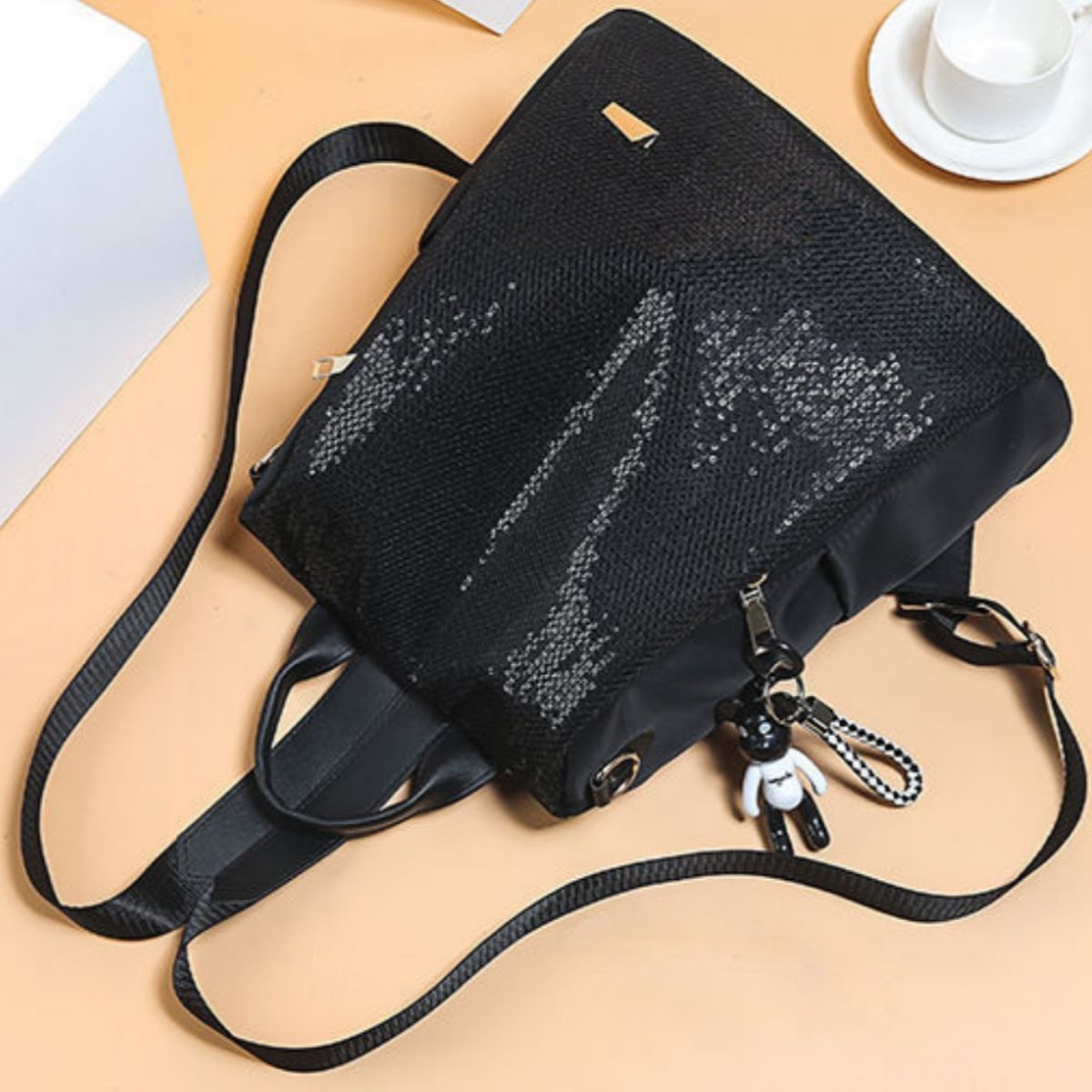 Sequin Backpack Fashion Women's Medium Black Flap Multifunction Shoulder Bag